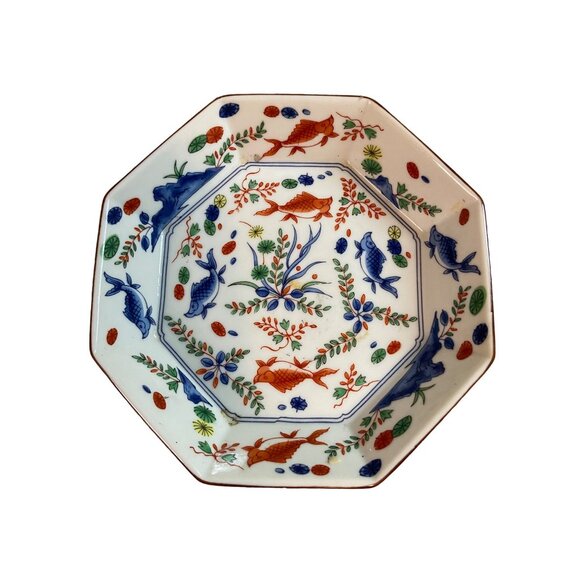 Vintage Octagonal Koi Fish Floral Porcelain Dish Hand Painted Blue Orange Japan - Picture 1 of 8